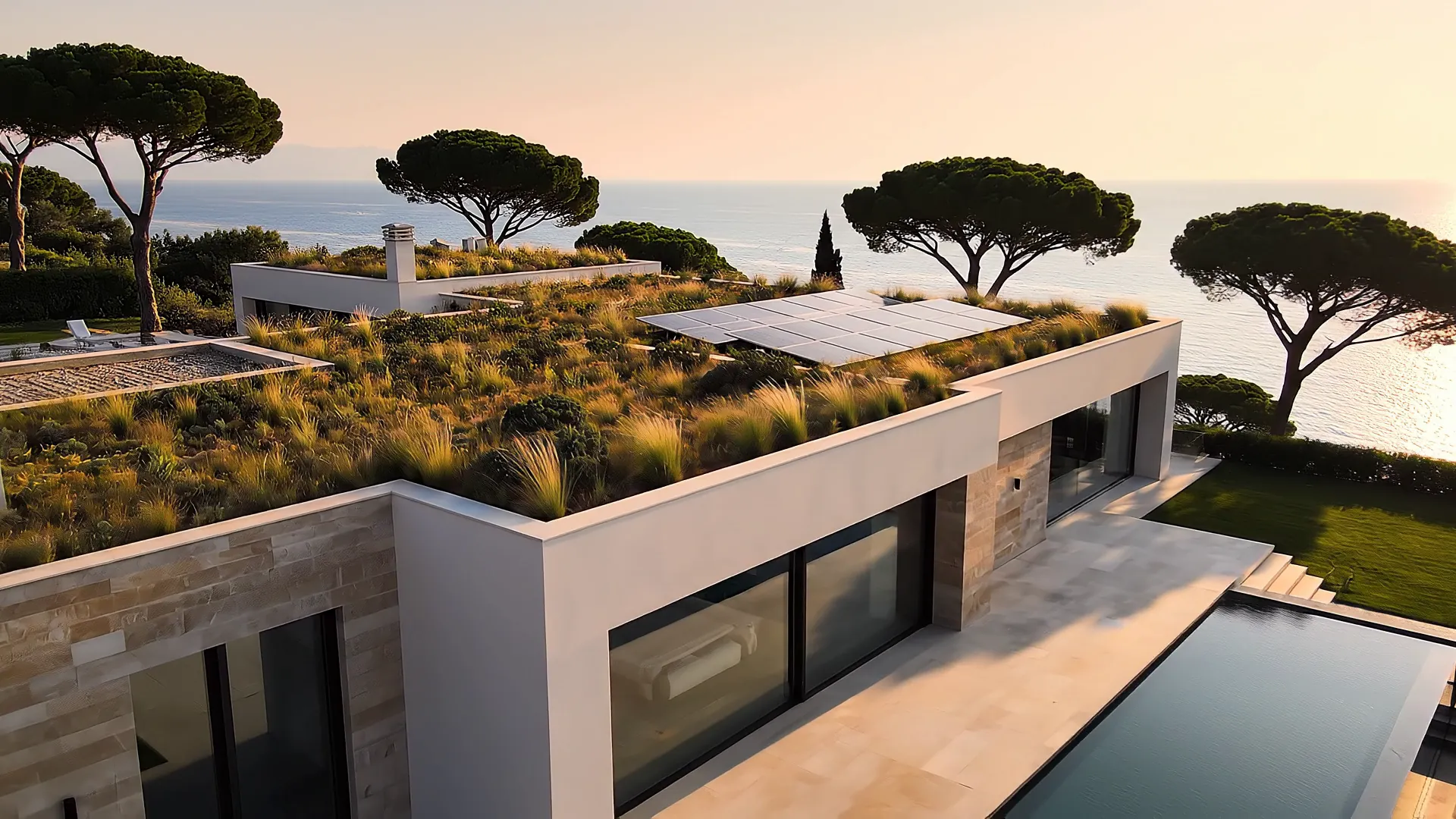 Casa moderna con tetto verde e fotovoltaico sul litorale